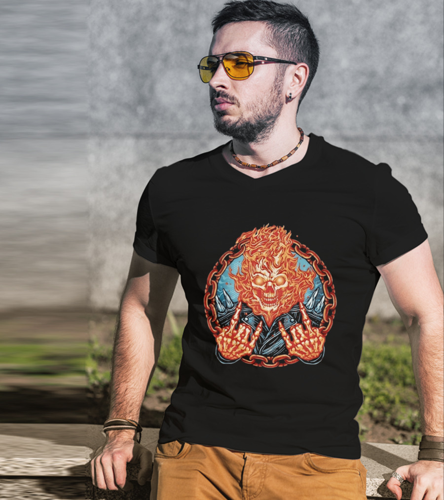 Ghost Rider Flaming Skull Heavy Metal Fiery Chain Rock And Roll T-Shirt