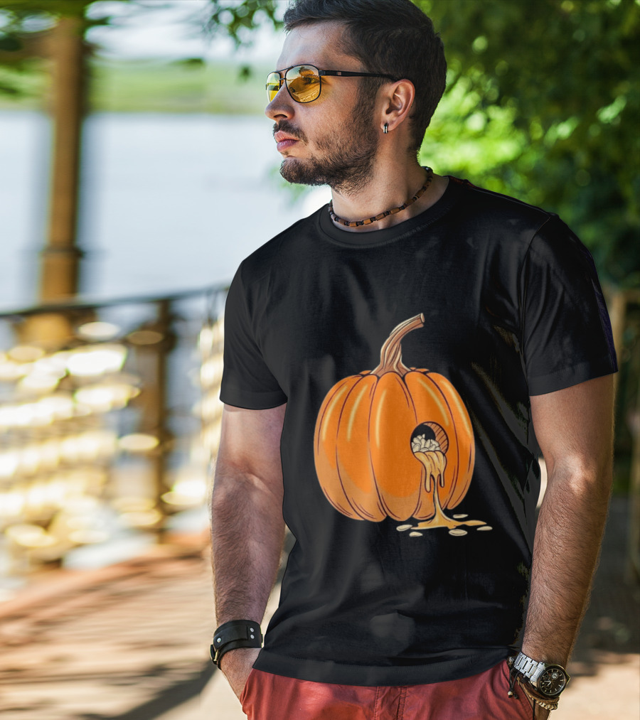 Gourdy Hole Halloween Pumpkin With Seeds Streaming Out T-Shirt