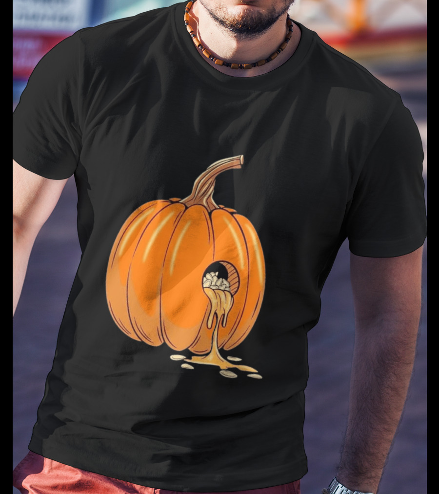 Gourdy Hole Halloween Pumpkin With Seeds Streaming Out T-Shirt