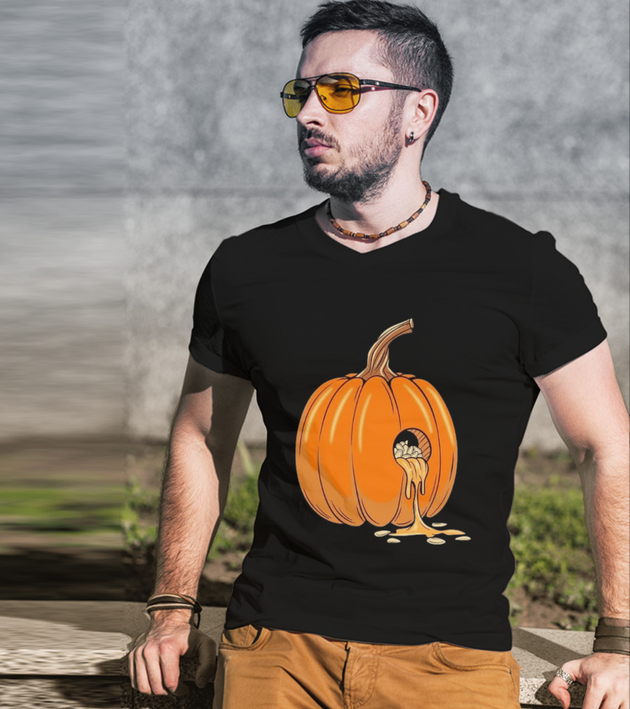 Gourdy Hole Halloween Pumpkin With Seeds Streaming Out T-Shirt