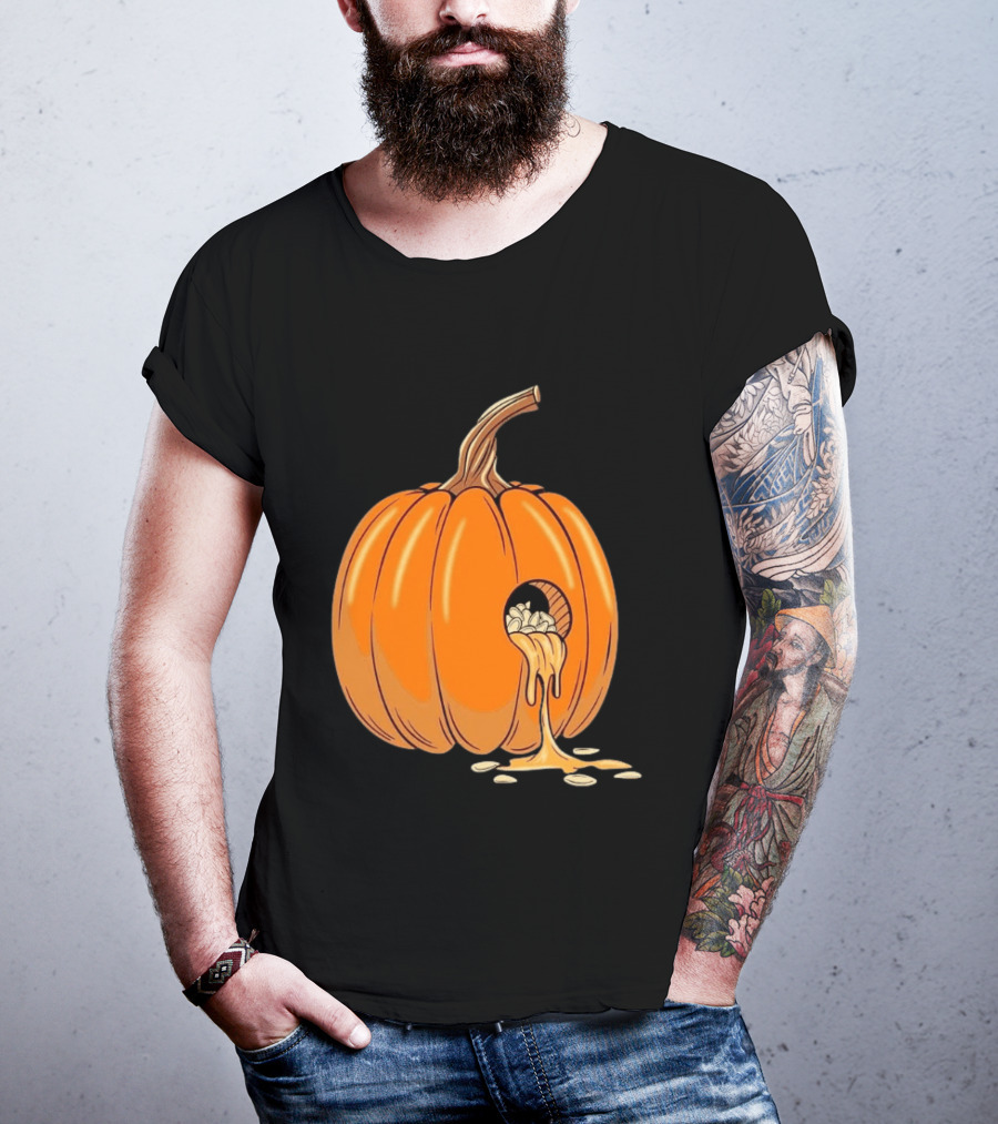 Gourdy Hole Halloween Pumpkin With Seeds Streaming Out T-Shirt