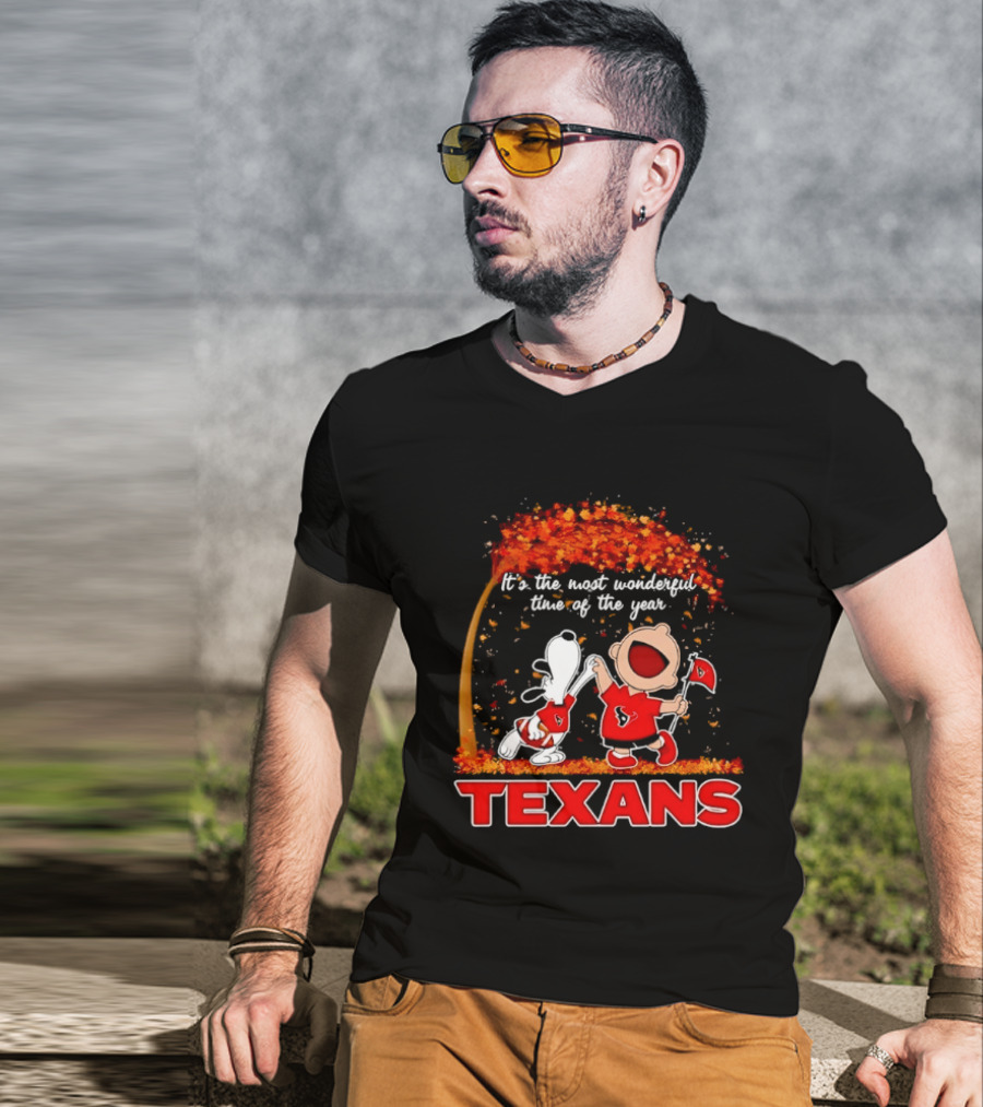 Snoopy And Charlie Brown It's The Most Wonderful Time Of The Year Texans Football Fan Celebration T-Shirt