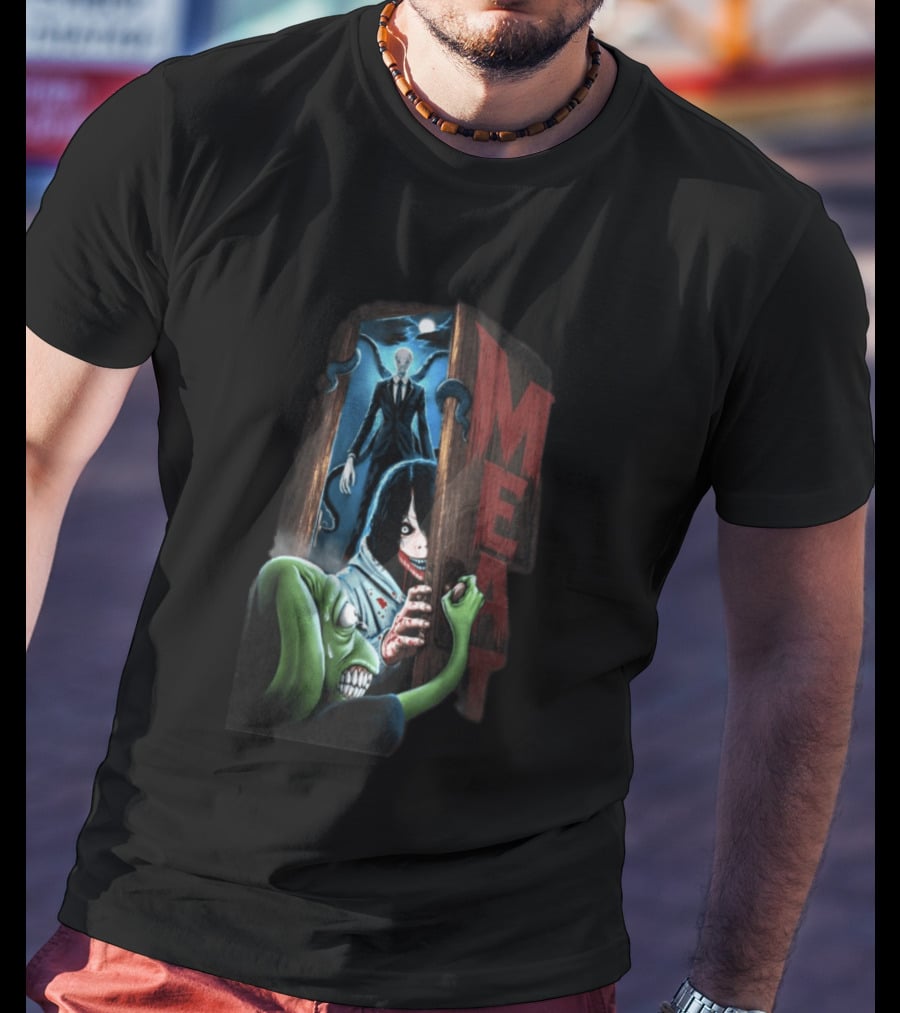 Meatcanyon Store Knock Knock Creepy Distressed Characters Horror Scene T-Shirt