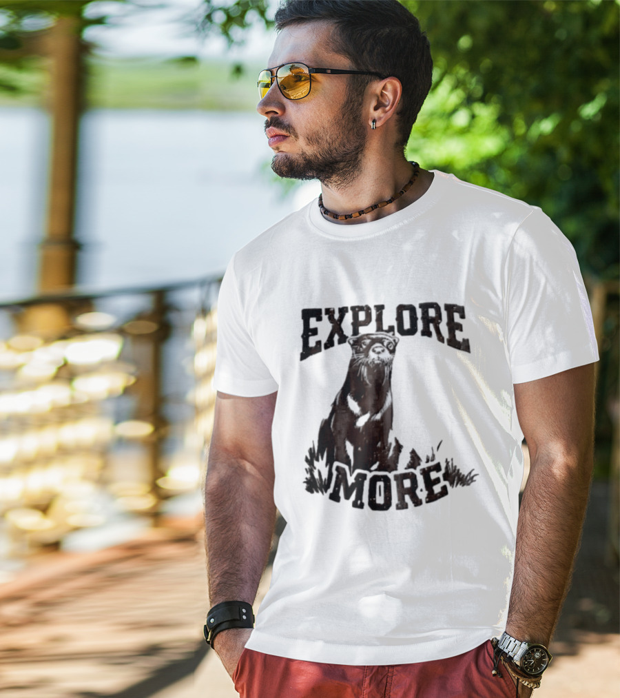 Explore More River Otter Tall Grass Distressed Woodcut Black White T-Shirt