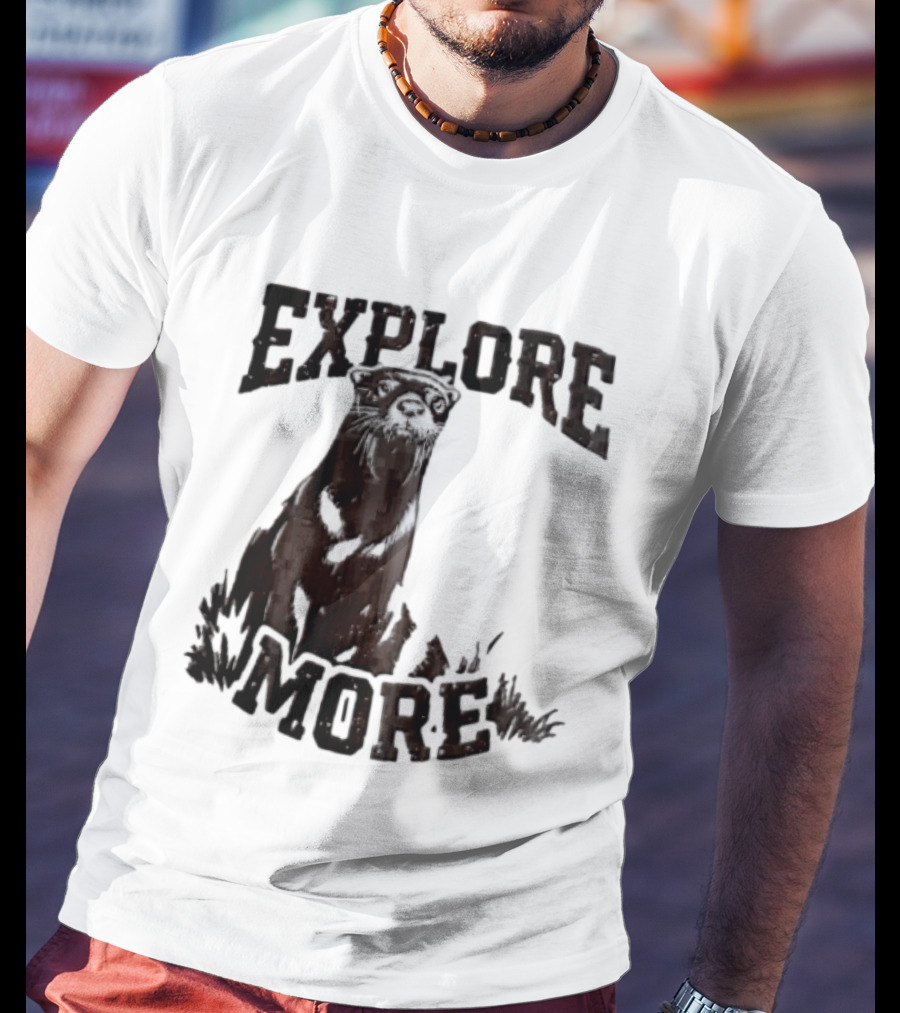 Explore More River Otter Tall Grass Distressed Woodcut Black White T-Shirt