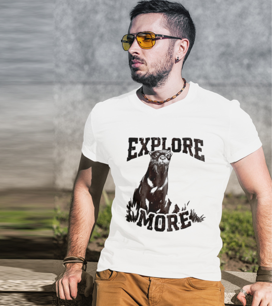 Explore More River Otter Tall Grass Distressed Woodcut Black White T-Shirt
