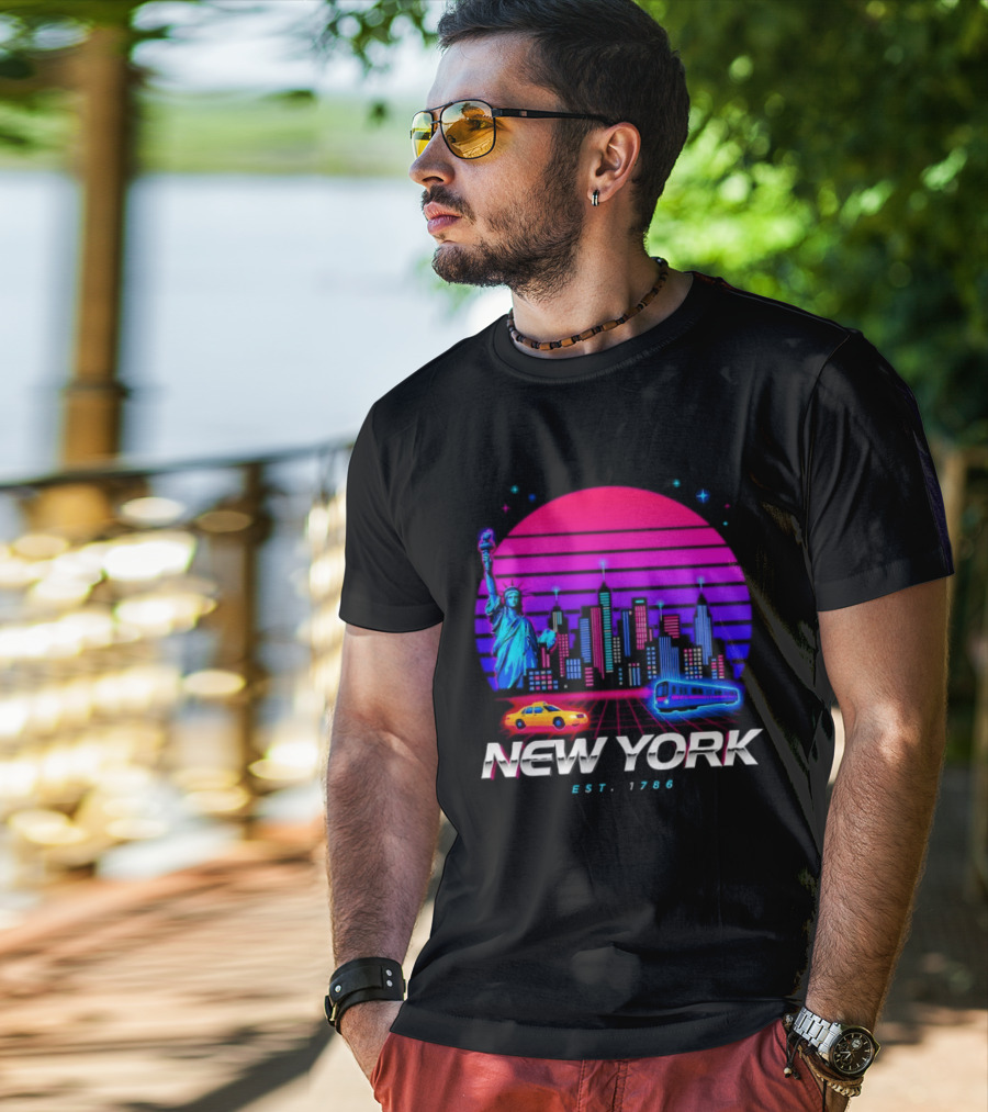 New York Est 1786 Cityscape Synthwave Statue Of Liberty Neon Skyline Retro Car T-Shirt