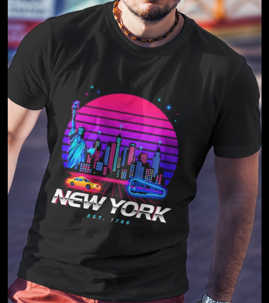 New York Est 1786 Cityscape Synthwave Statue Of Liberty Neon Skyline Retro Car T-Shirt