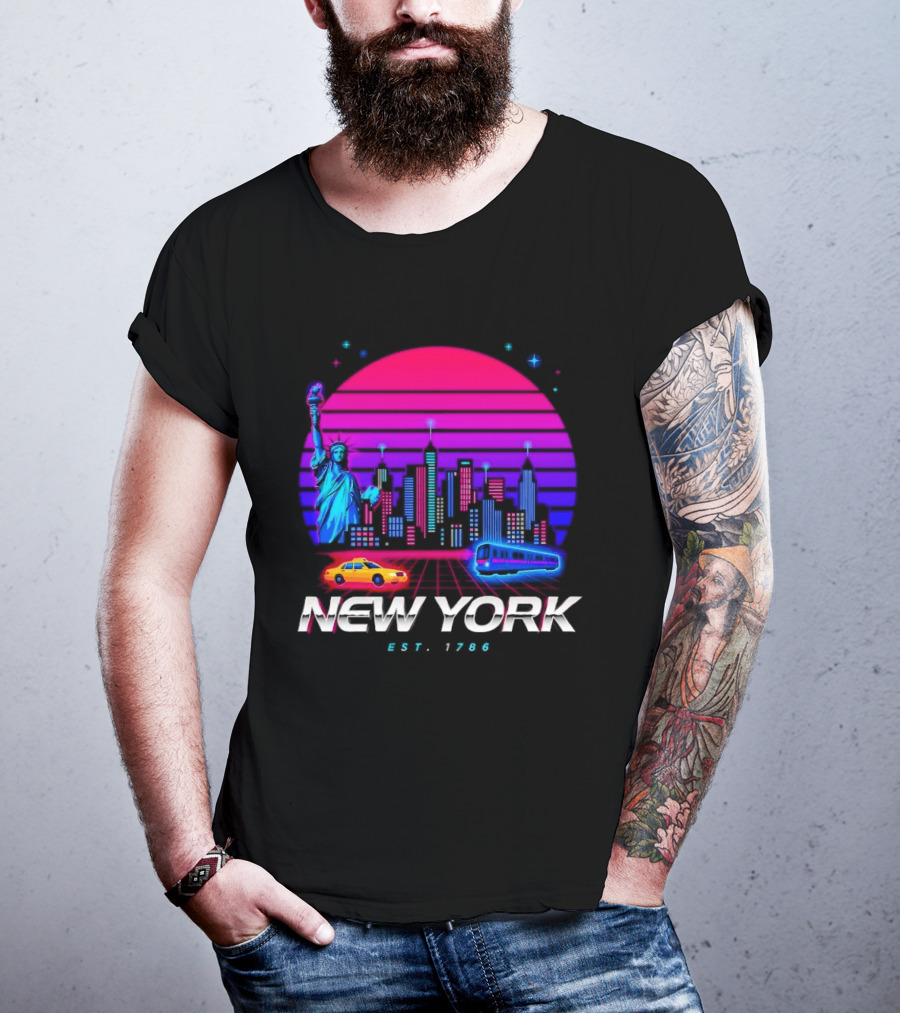 New York Est 1786 Cityscape Synthwave Statue Of Liberty Neon Skyline Retro Car T-Shirt