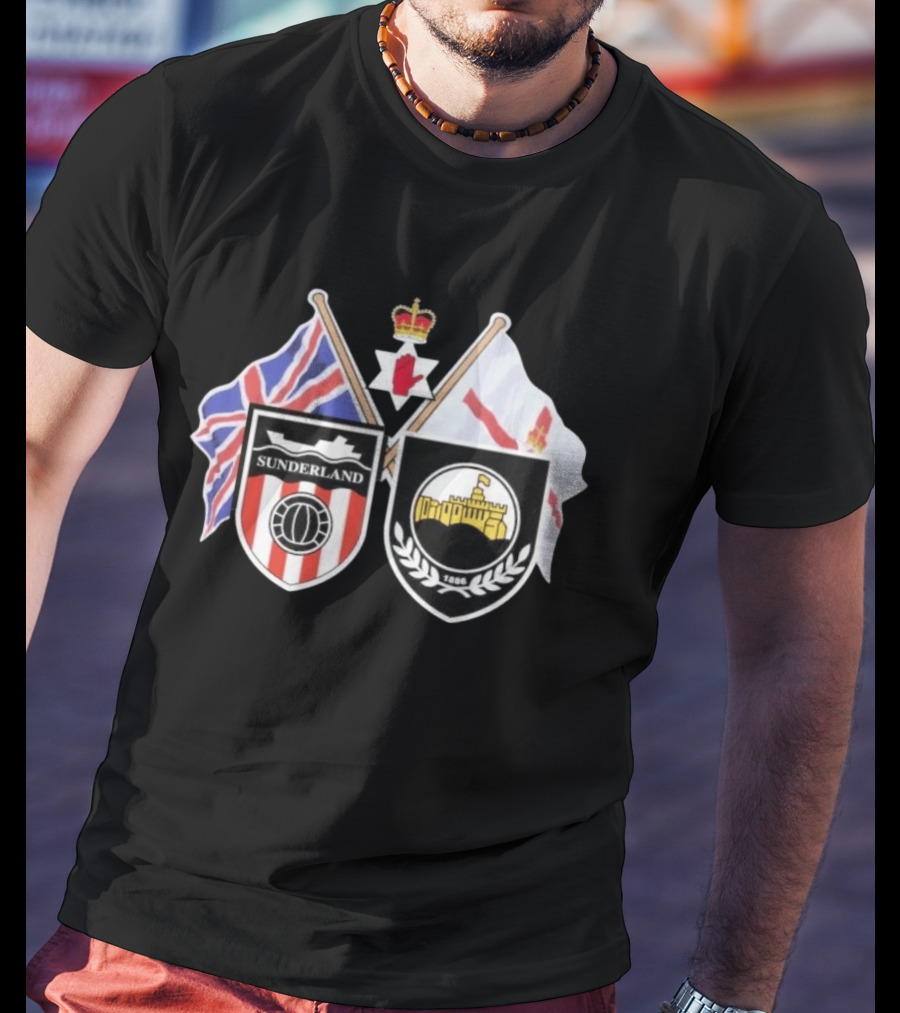 Sunderland And Linfield FC Crests Union Jack Northern Ireland Flags T-Shirt