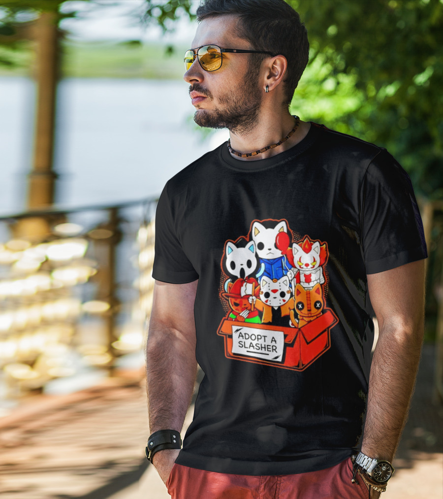 Adopt A Slasher Horror Movie Cat Characters Box Featuring Iconic Halloween Villains T-Shirt