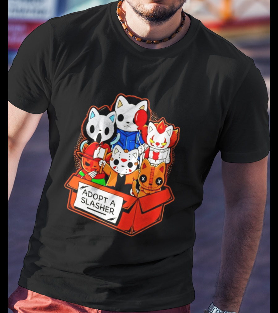 Adopt A Slasher Horror Movie Cat Characters Box Featuring Iconic Halloween Villains T-Shirt