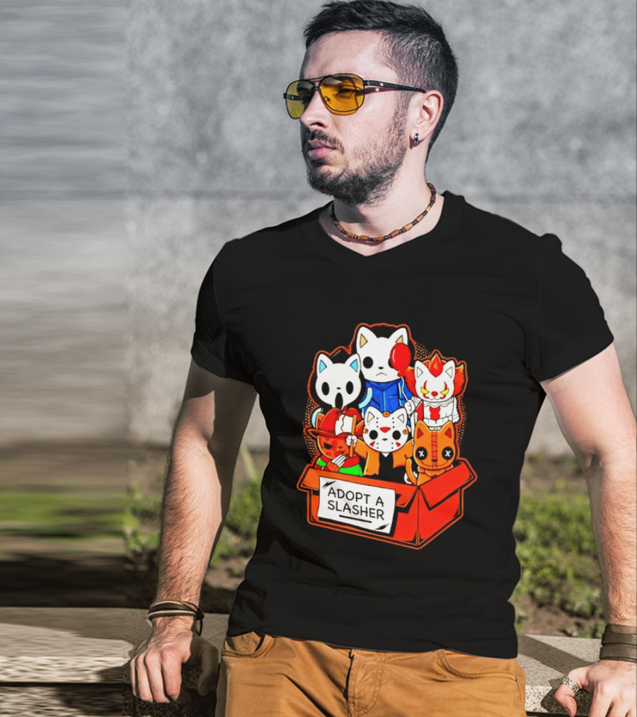 Adopt A Slasher Horror Movie Cat Characters Box Featuring Iconic Halloween Villains T-Shirt