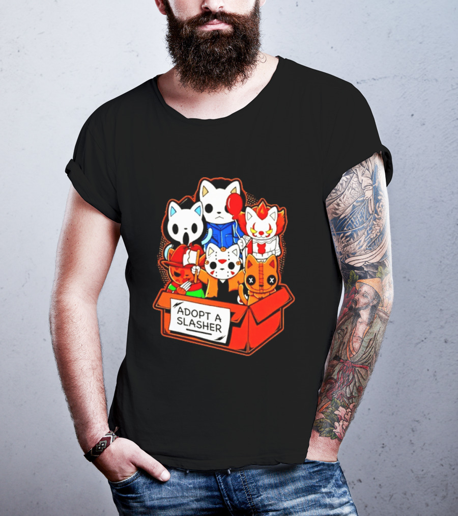 Adopt A Slasher Horror Movie Cat Characters Box Featuring Iconic Halloween Villains T-Shirt