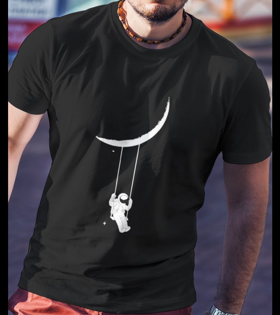 Astronaut Swinging On Crescent Moon Space Scene T-Shirt