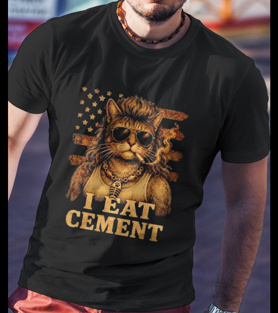 I Eat Cement Mullet Cat With Sunglasses And American Flag T-Shirt