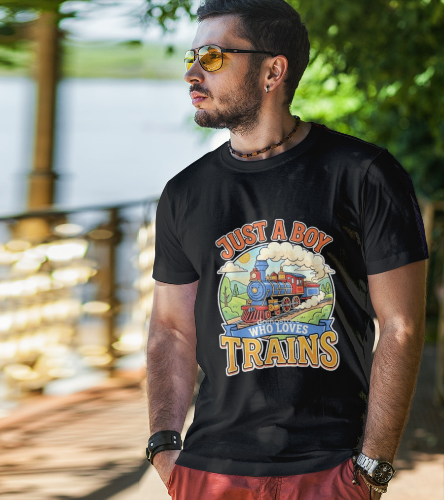 Just A Boy Who Loves Trains Colorful Locomotive Adventure T-Shirt