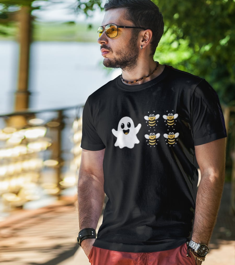 Cartoon White Ghost And Waving Four Bumblebees Cute T-Shirt