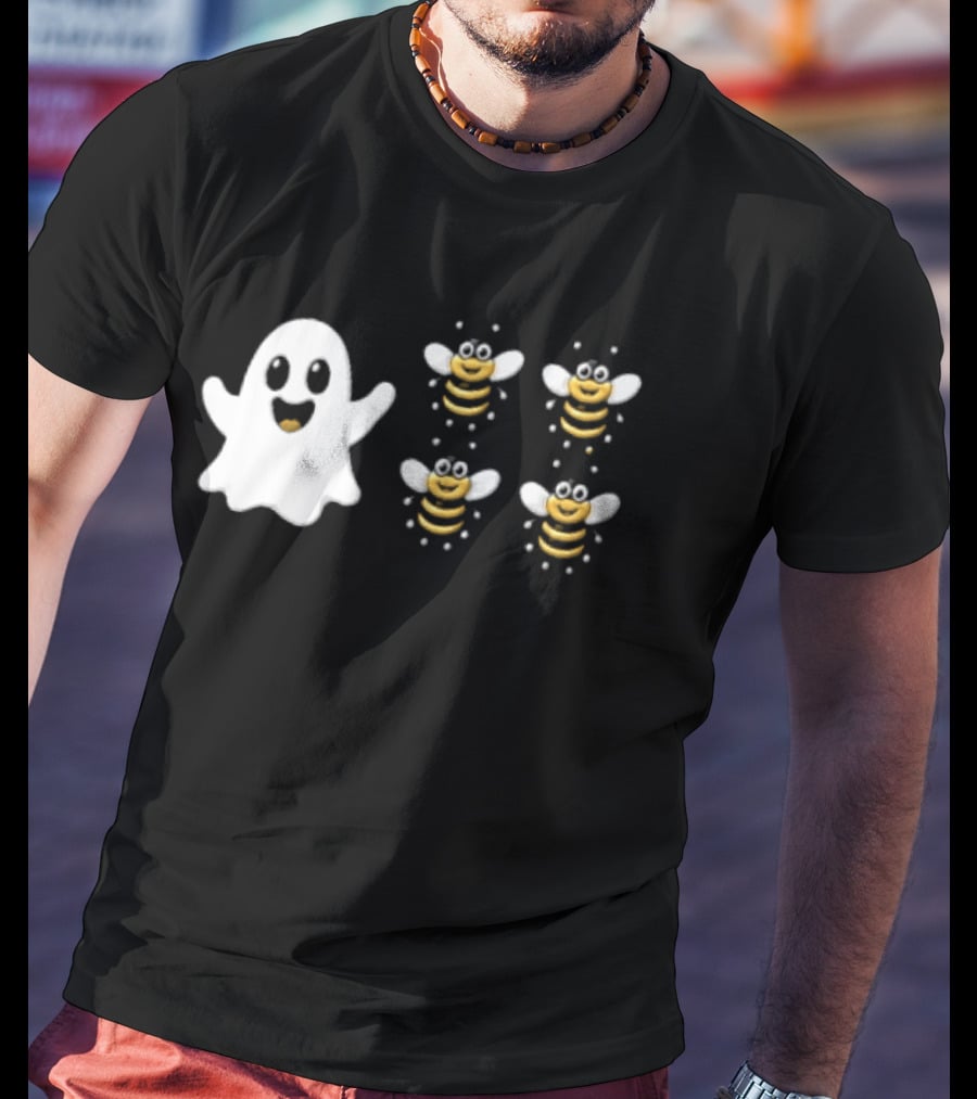 Cartoon White Ghost And Waving Four Bumblebees Cute T-Shirt