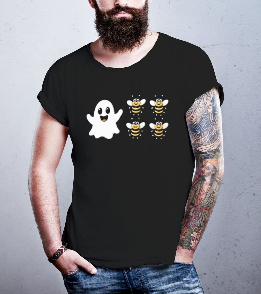 Cartoon White Ghost And Waving Four Bumblebees Cute T-Shirt