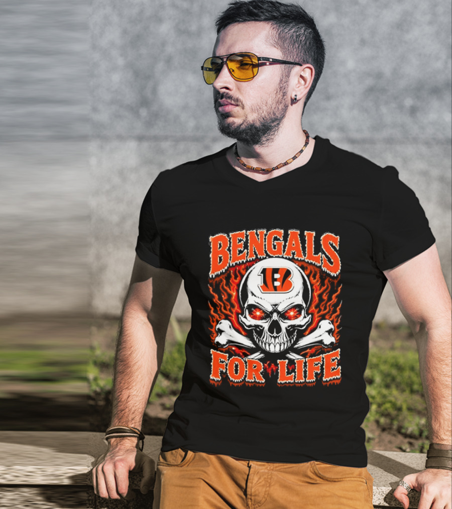 Bengals For Life Skull And Crossbones Fiery T-Shirt