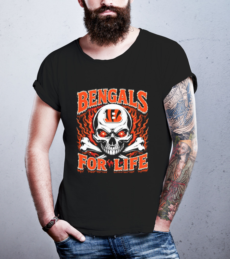 Bengals For Life Skull And Crossbones Fiery T-Shirt