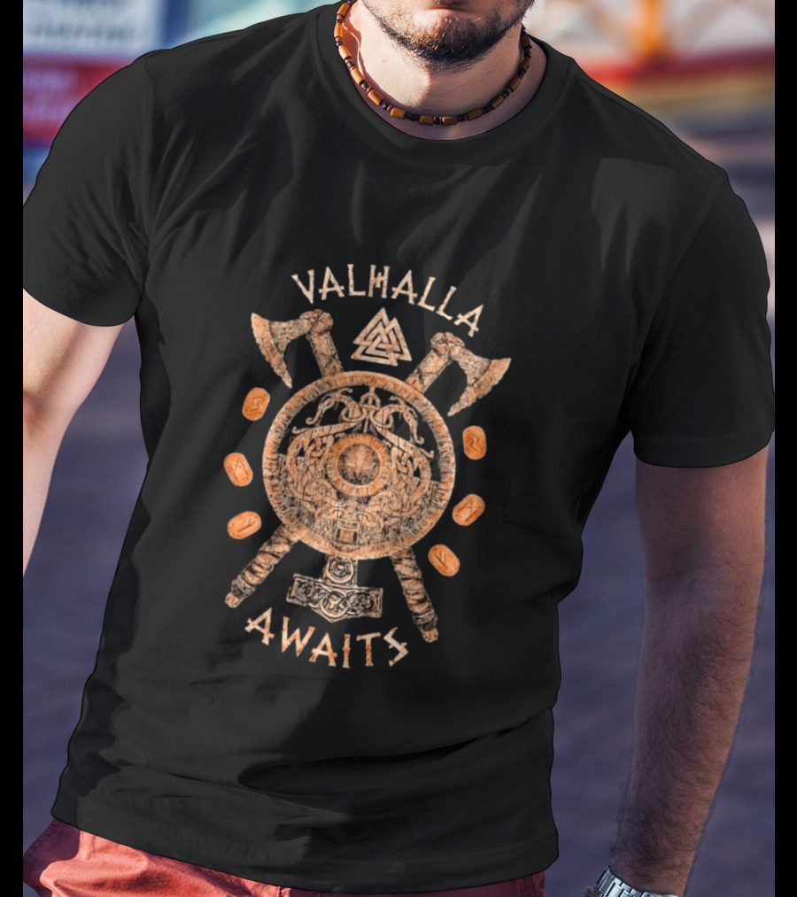 Valhalla Awaits Distressed Viking Shield Axes Norse Symbolism T-Shirt