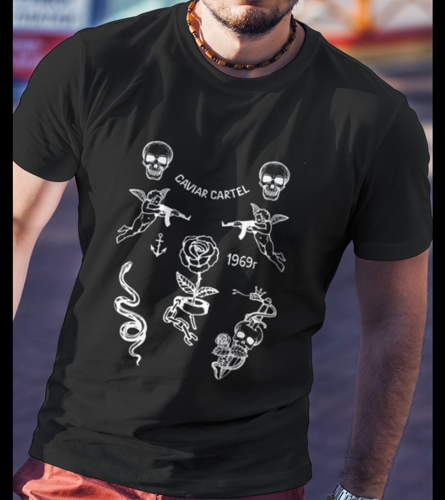 Ssur Caviar Cartel 1969t Skull Rose Snake Wings Anchor Icons Black Oversized T-Shirt