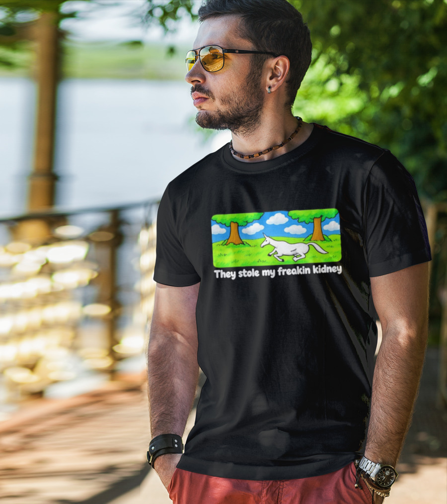 They Stole My Freakin Kidney Unicorn Cartoon Scene T-Shirt