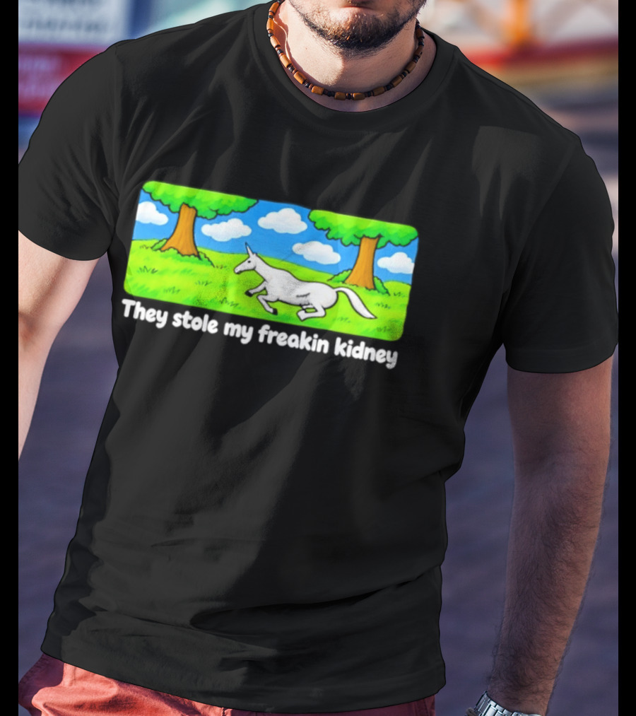 They Stole My Freakin Kidney Unicorn Cartoon Scene T-Shirt