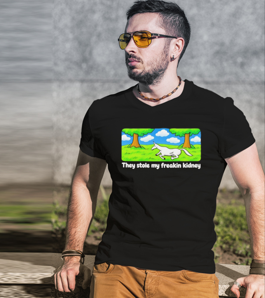 They Stole My Freakin Kidney Unicorn Cartoon Scene T-Shirt