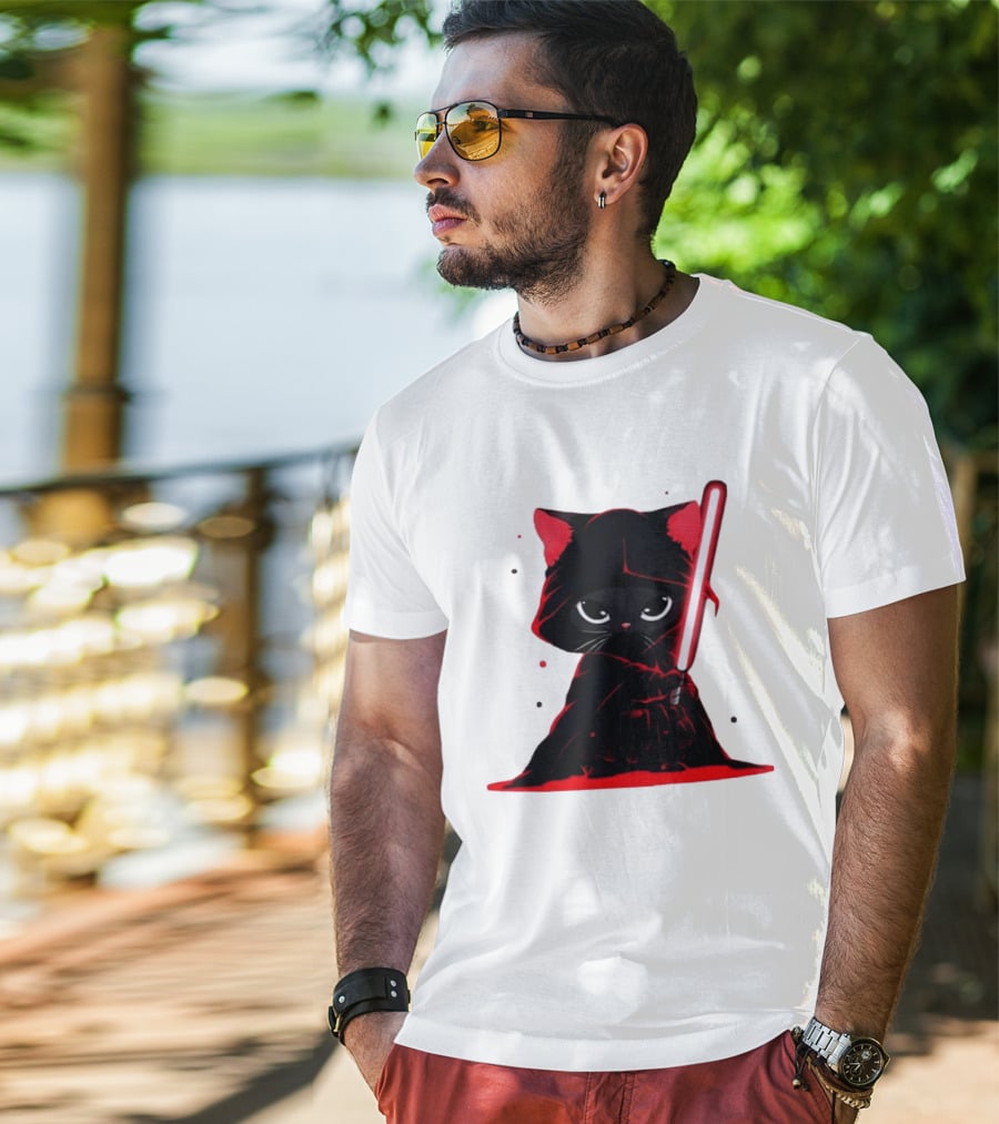 Black Cat Sith With Red Lightsaber Cloaked In Darkness T-Shirt