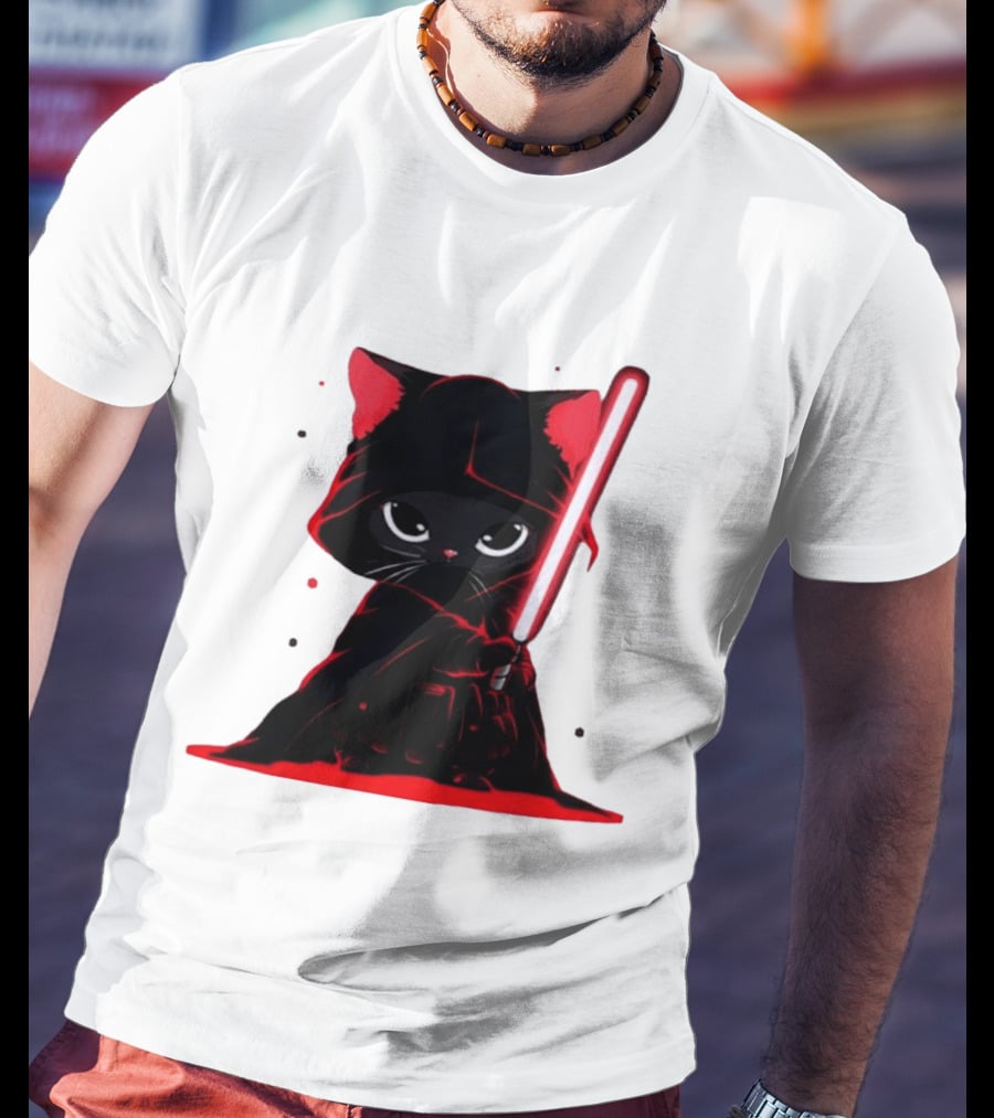 Black Cat Sith With Red Lightsaber Cloaked In Darkness T-Shirt