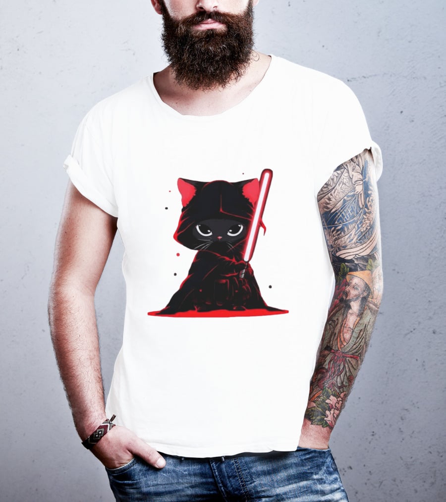 Black Cat Sith With Red Lightsaber Cloaked In Darkness T-Shirt
