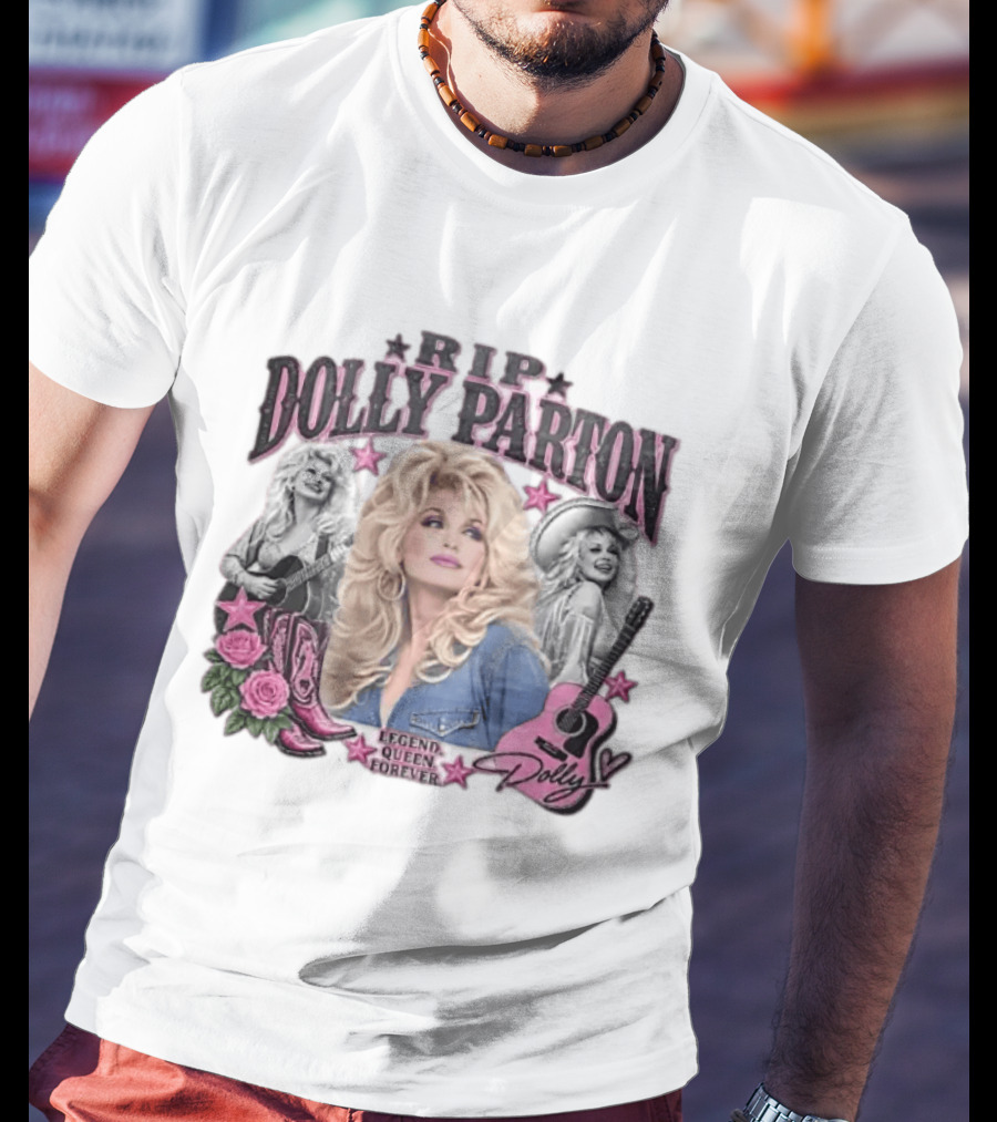 RIP Dolly Parton Legend Queen Forever Pink Cowboy Boots Roses Guitars Stars T-Shirt