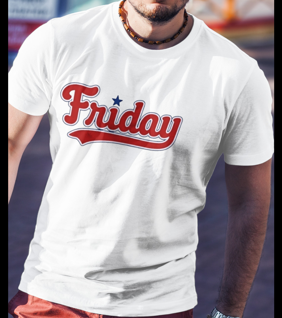 Friday Weekend Casual Baseball Style Script Red Text With Star T-Shirt