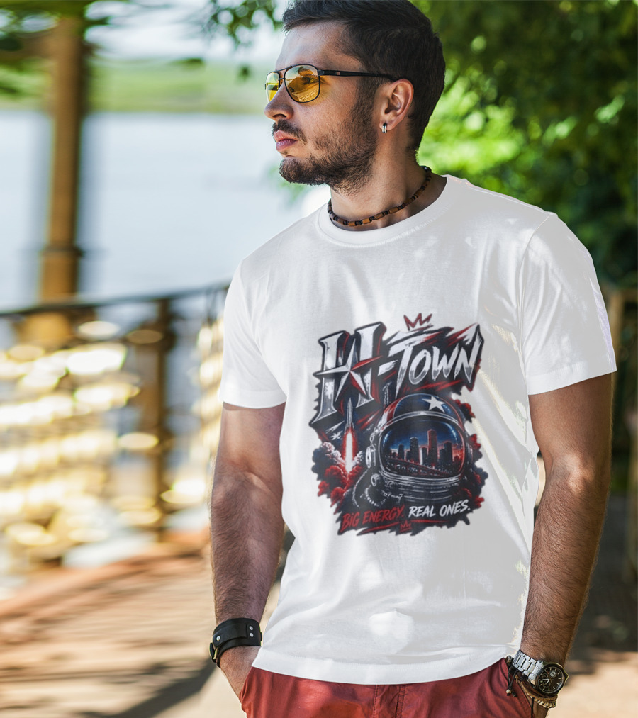 H Town Big Energy Real Ones Houston Astronaut Skyline T-Shirt