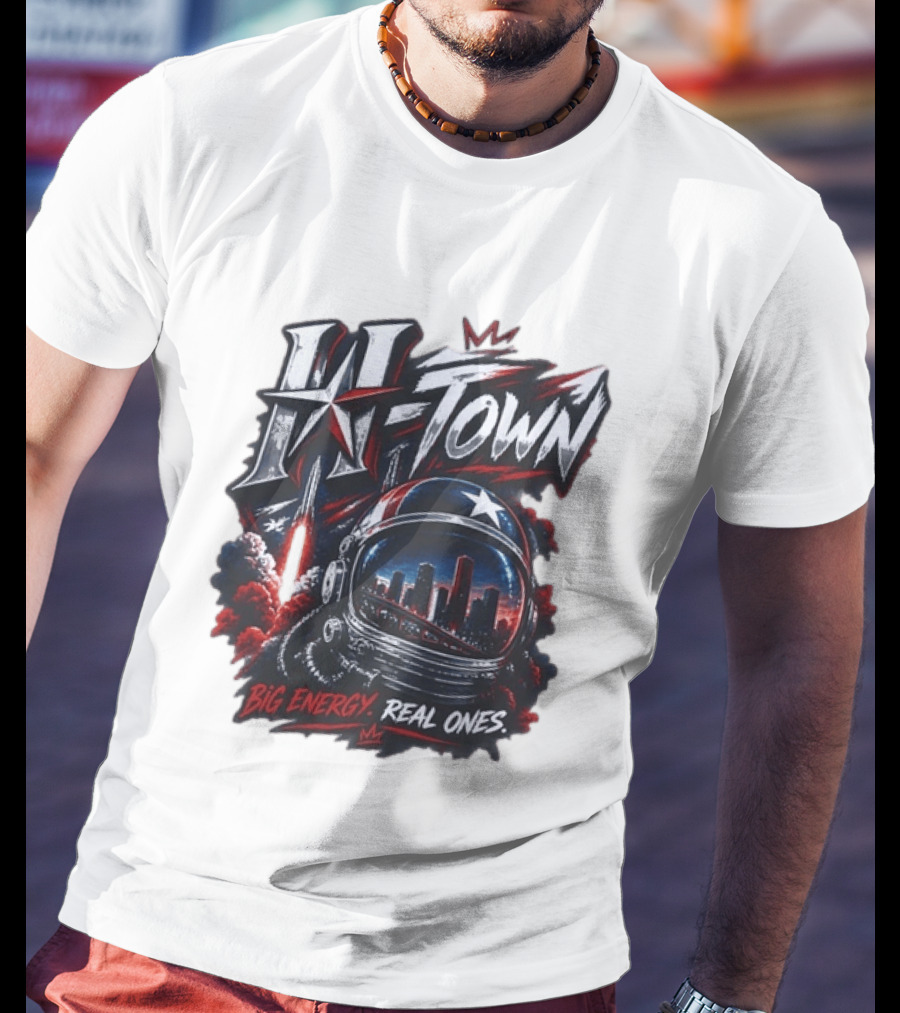 H Town Big Energy Real Ones Houston Astronaut Skyline T-Shirt