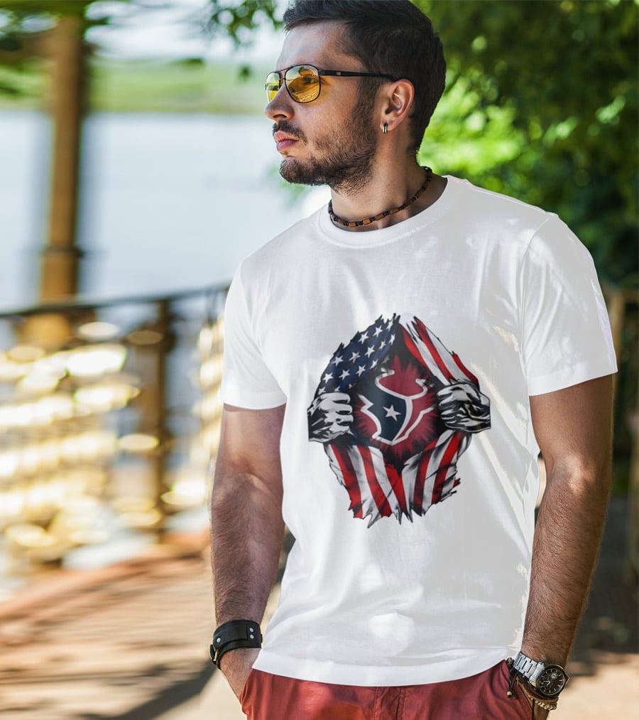 Houston Texans American Flag Ripped Chest NFL Fan T-Shirt