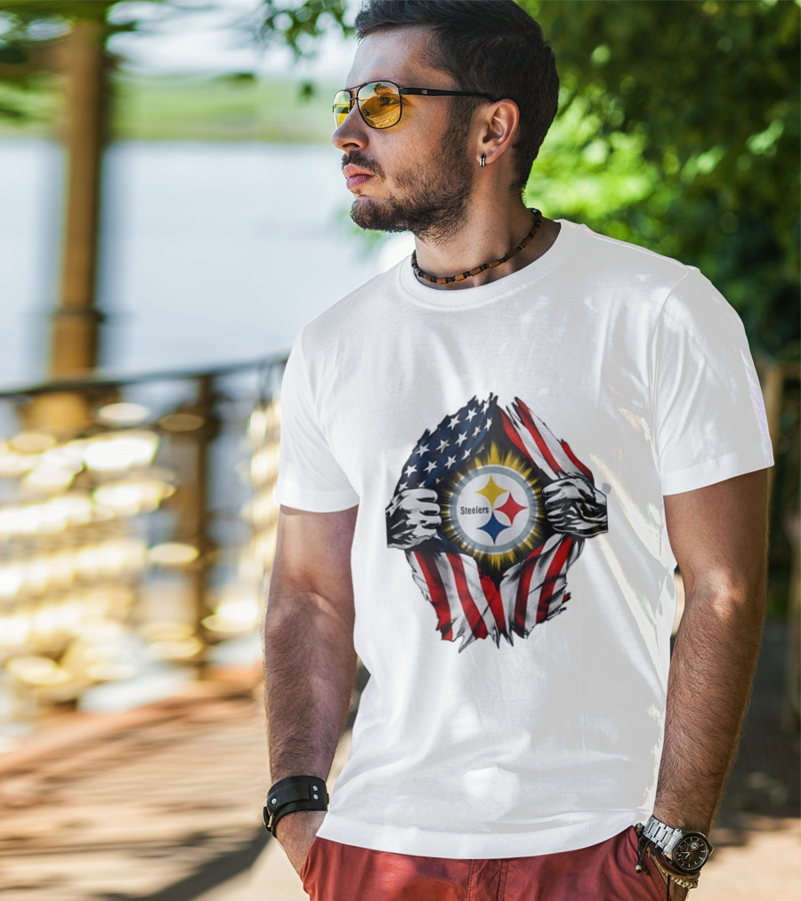Pittsburgh Steelers American Flag Ripped Chest T-Shirt