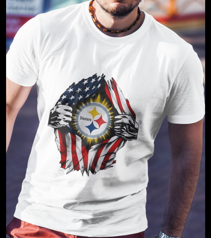 Pittsburgh Steelers American Flag Ripped Chest T-Shirt