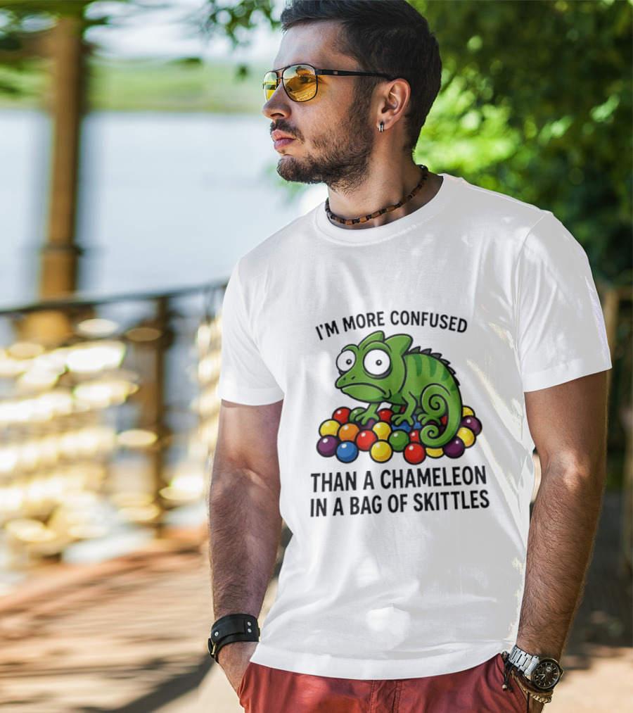I'm More Confused Than A Chameleon In A Bag Of Skittles Colorful Chameleon And Candy Humor T-Shirt