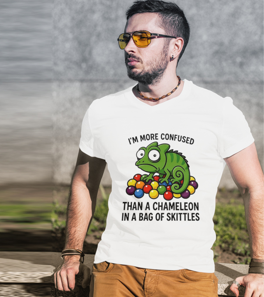 I'm More Confused Than A Chameleon In A Bag Of Skittles Colorful Chameleon And Candy Humor T-Shirt