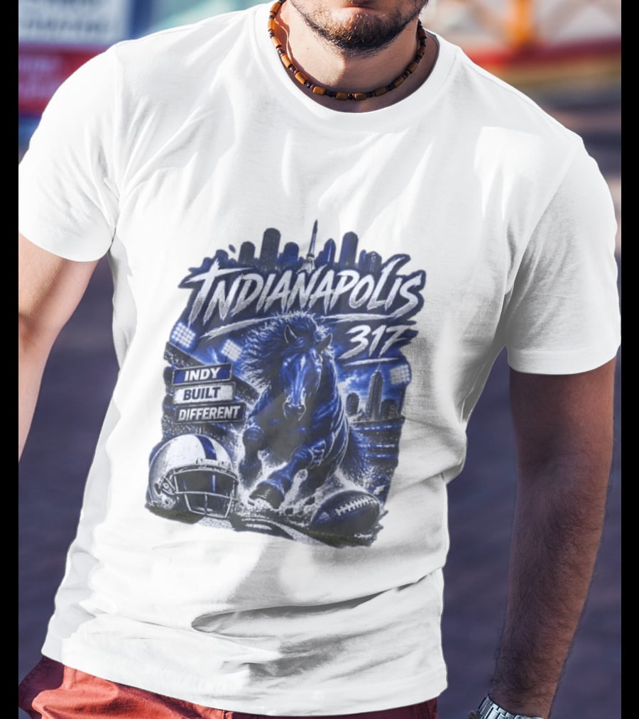 Indianapolis Colts 317 Indy Built Different Football Horse Helmet Skyline T-Shirt