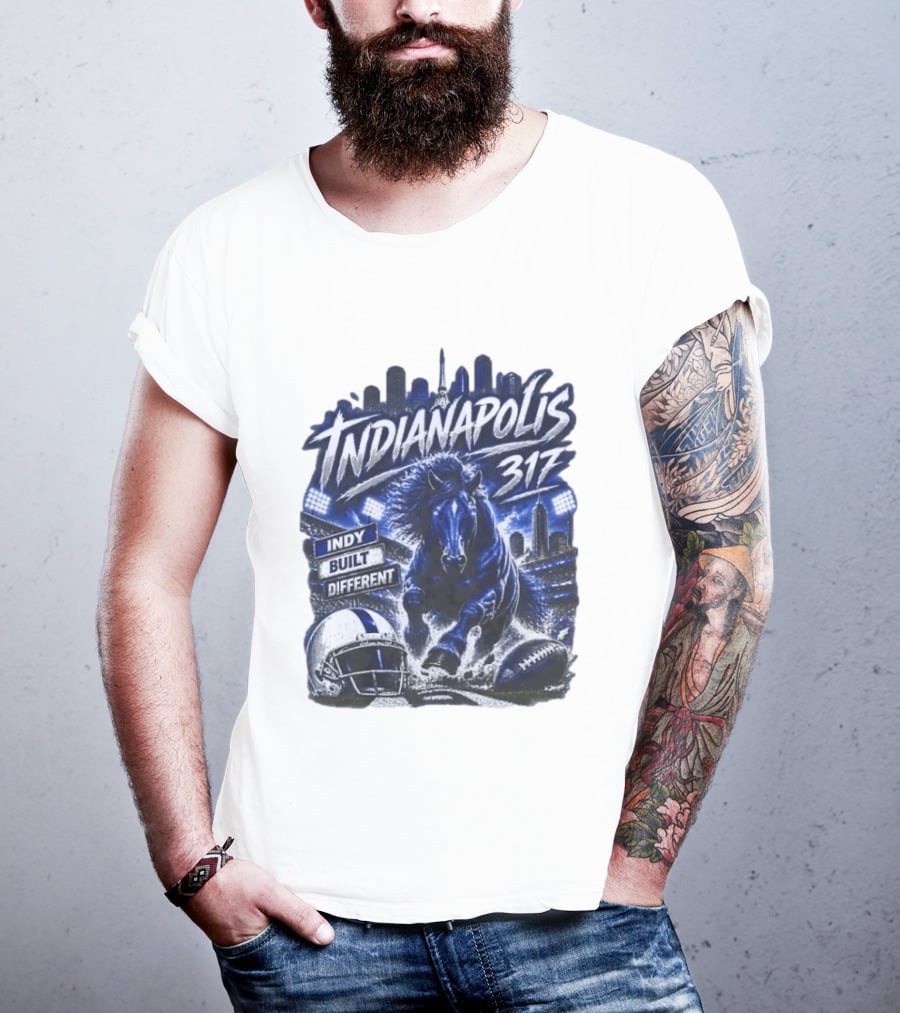 Indianapolis Colts 317 Indy Built Different Football Horse Helmet Skyline T-Shirt