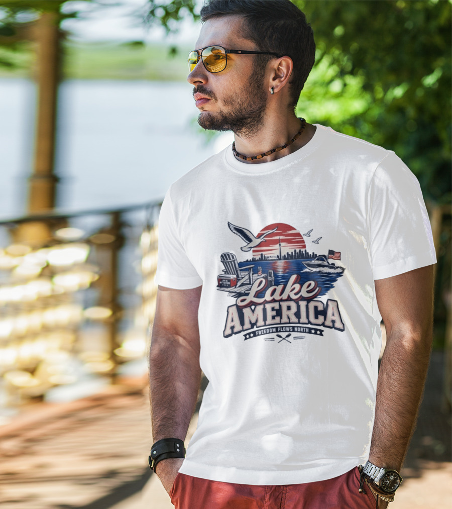 Lake America Freedom Flows North Sun Boats Good Times Seagulls Adirondack Chair Skyline And Flag T-Shirt
