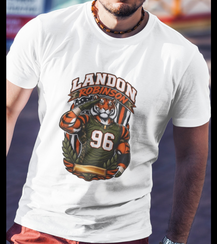 Landon Robinson 96 Tiger American Flag Salute T-Shirt