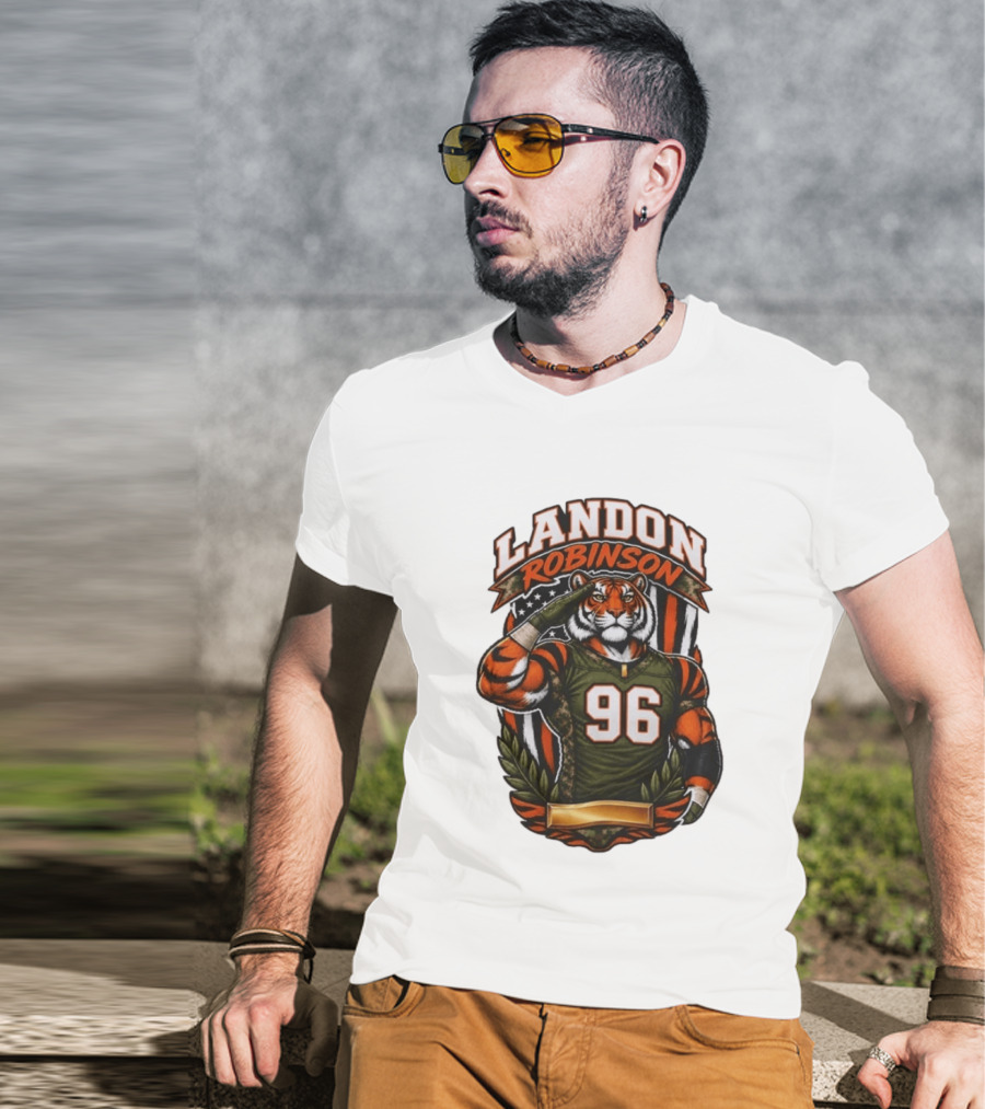Landon Robinson 96 Tiger American Flag Salute T-Shirt
