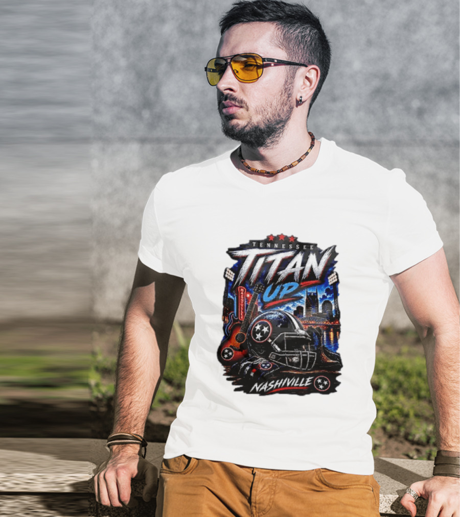 Tennessee Titan Up Football Helmet Guitar Nashville Skyline Titans T-Shirt