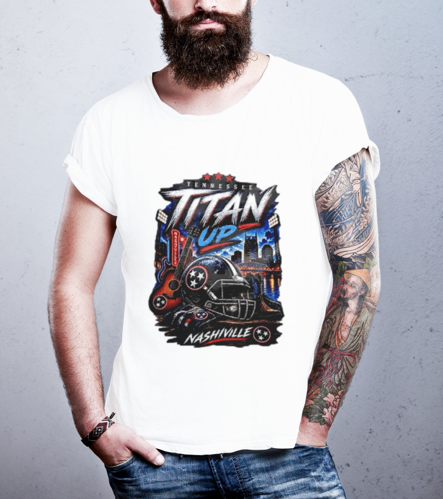 Tennessee Titan Up Football Helmet Guitar Nashville Skyline Titans T-Shirt